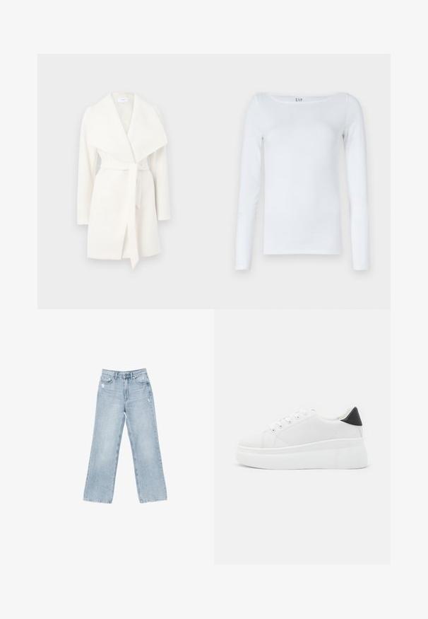 Bílý dlouhý kabát s dlouhým rukávem, širokým límcem a šňůrkovým páskem; vyrobený z měkké látky s hladkou strukturou a čistými liniemi.; Bílá košile s dlouhým rukávem vyrobená z bavlněné směsi, s kulatým výstřihem a štíhlým střihem. Žádné viditelné vzory ani detaily.; Světle modré džíny z džínoviny s širokými nohavicemi, s opotřebovanými detaily, pětivreckovým designem a zipovým zapínáním.; Bílé platformové tenisky vyrobené z hladkého syntetického materiálu, s kulatou špičkou, šněrováním a texturovanou gumovou podrážkou. Černý akcent na patě.