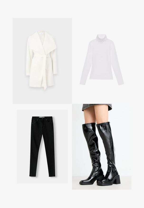 Fehér, hosszú ujjú, stílusos kabát széles gallérral és övvel; puha anyagból készült, sima textúrával és letisztult vonalakkal.; Fehér, hosszú ujjú, garbónyakú felső sima, rugalmas anyagból készült. Magas nyakkal és testhezálló fazonnal rendelkezik, látható minták vagy díszítések nélkül.; Fekete, slim-fit farmert nadrág, klasszikus ötpocket dizájnnal, cipzáras fly-zárral és fém gombos záródással. Egységes, sima textúra.; Fekete, fényes, térdig érő csizmák négyzet alakú orral és vastag sarokkal. Oldalzippzárral és testhez simuló, texturált dizájnnal rendelkezik.