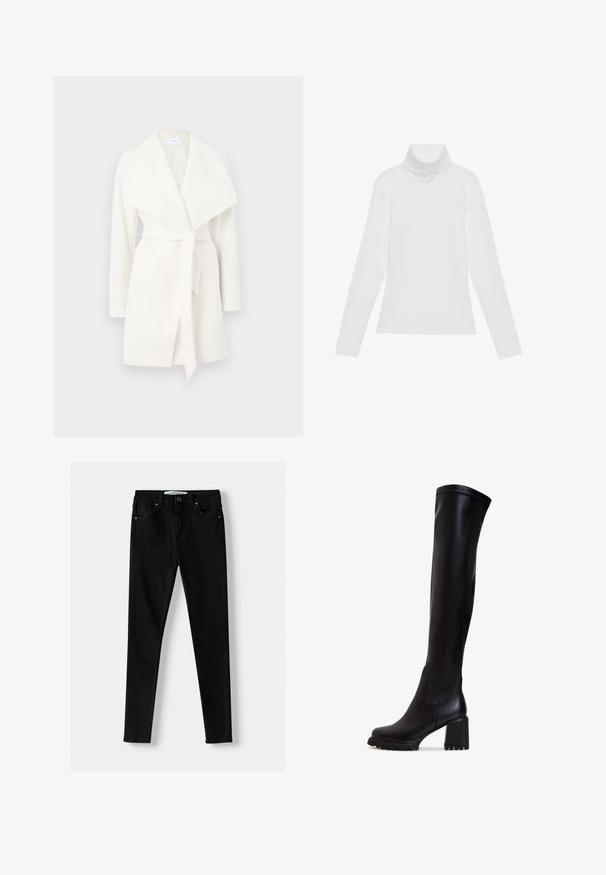 Witte lange mouwen wikkeljas met brede kraag en strikceintuur; gemaakt van zachte stof met een gladde textuur en schone lijnen.; Witte lange mouw turtleneck top gemaakt van glad, elastisch materiaal. Voorzien van een hoge kraag en een getailleerd ontwerp, zonder zichtbare patronen of versieringen.; Zwarte slim-fit jeans gemaakt van denim, met een klassiek vijf-pocket ontwerp, ritsvlieg en metalen knoopsluiting. Glad oppervlak door het hele stuk.; Zwarte, kniehoge leren laarzen met een chunky hak, een gladde textuur en een ronde neus; bevatten zichtbare stikdetails op de bovenkant.