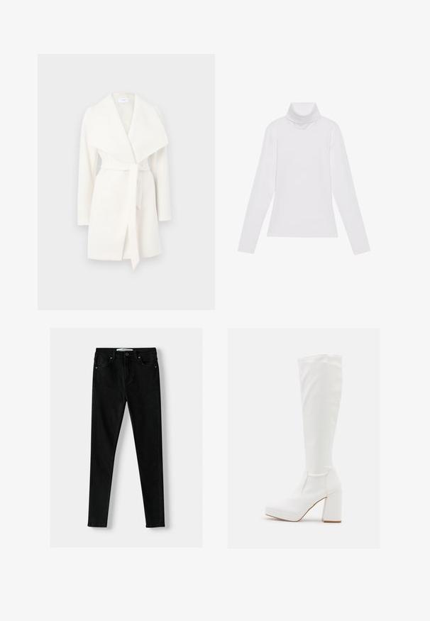 Valkoinen pitkähihainen kietaisutakki, jossa on leveä kaulus ja solmubandi; valmistettu pehmeästä kankaasta, joka on sileä ja puhtain linjoin.; Valkoinen pitkähihaisella poololla varustettu paita, joka on valmistettu sileästä ja joustavasta kankaasta. Ominaisuuksiin kuuluu korkeakauluksinen ja tiukka malli, ilman näkyviä kuvioita tai koristeita.; Musta slim-fit farkut, jotka on valmistettu denimistä ja joissa on klassinen viiden taskun muotoilu, vetoketjulla ja metallinappikiinnityksellä. Tasainen rakenne kauttaaltaan.; RAID CANNON - Platform-saappaat - white