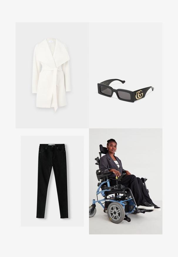 Palton alb cu mâneci lungi, cu închidere în față și guler generos, prevăzut cu un curea tip fundă; realizat dintr-un material moale, cu o textură netedă și linii curate.; Tricou alb cu mâneci lungi și guler înalt, realizat dintr-un material neted și elastic. Dispune de un design ajustat, fără modele vizibile sau embellishments.; Jeans negre slim-fit din denim, cu un design clasic cu cinci buzunare, cu fermoar și închidere cu buton metalic. Textură netedă pe toată suprafața.; Scaun cu rotile electric cu cadru albastru, sezut negru și roți gri. Utilizatorul poartă un sacou gri și pantaloni cu dungi negre, așezat cu încredere.; Gucci RECTANGULAR/SQUARED - Ochelari de soare - black/grey