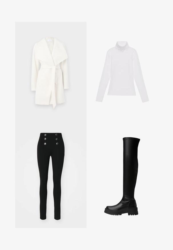 Biela dlhá zavinovacia bunda s širokým golierom a opaskom; vyrobená z mäkkej tkaniny s hladkou textúrou a čistými líniami.; Biely dlhý rukáv v štýle roláka vyrobený z hladkej, elastickej tkaniny. Má vysoký golier a priliehavý strih, bez viditeľných vzorov alebo ozdôb.; ONLY ONLNORI LEGGING - Legíny – nohavice - black; Čierne čižmy po kolená vyrobené z hladkej syntetickej kože, so robustnou podrážkou a bočnými panelmi, s prešívaním pozdĺž horného okraja.