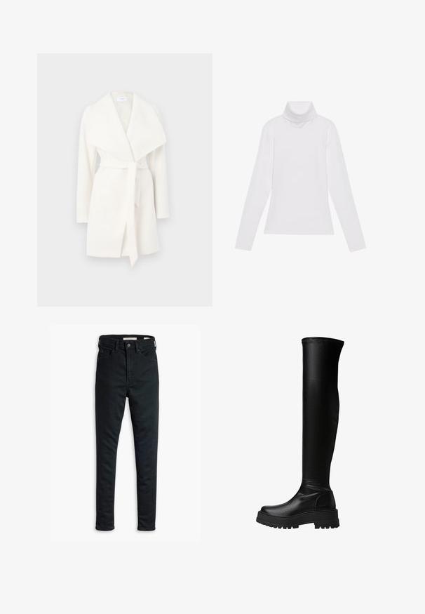 Bijela dugá rukava omotna jakna s širokim ovratnikom i remenom; izrađena je od mekog materijala s glatkom teksturom i čistim linijama.; Bijela majica dugih rukava s rolificom izrađena od glatkog, rastezljivog materijala. Ima visoki ovratnik i uski kroj, bez vidljivih uzoraka ili ukrasa.; Crne uske traperice s prednjim kopčanjem na dugme i patentni zatvarač, petlje za remen te prednjim i stražnjim džepovima, prikazane na bijeloj pozadini.; Crne čizme do koljena od glatke sintetičke kože, s debelim potplatima i detaljima u bočnim panelima, uz šivanje duž gornjeg ruba.