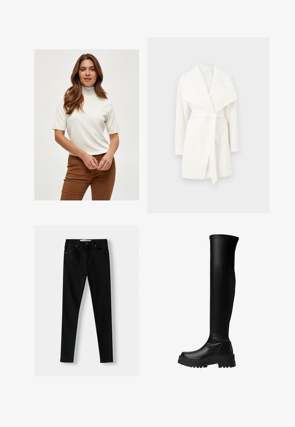 White long-sleeve wrap coat with wide collar and tie belt; made of soft fabric with a smooth texture and clean lines.; White short-sleeve turtleneck sweater made from a soft fabric, featuring ribbed detailing on the collar and sleeves, paired with brown pants.; Black slim-fit jeans made from denim, featuring a classic five-pocket design, zipper fly, and metal button closure. Smooth texture throughout.; Knee-high black boots made of smooth synthetic leather, featuring a chunky sole and side panel detail, with stitching along the upper edge.