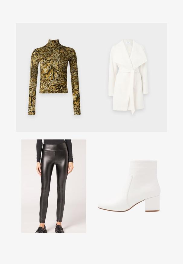 Vit långärmad omslagsoverall med bred krage och knytbelte; tillverkad av mjukt tyg med slät yta och rena linjer.; Långärmad polotröja i ett mönstrat tyg med guld- och svarta djurmotiv, smidig textur och en åtsittande design.; Svart konstläder leggings med hög midja, med en slät yta och figurnära design, som har en elegant silhuett och minimala detaljer.; Vita anklar stövlar med en slät yta, fyrkantig tå och en medelhög blockklack. Sömmar framhäver den minimalistiska designen.