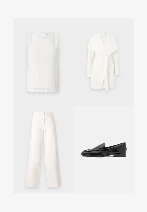 Valkoinen pitkähihainen kietaisutakki, jossa on leveä kaulus ja solmubandi; valmistettu pehmeästä kankaasta, joka on sileä ja puhtain linjoin.; Valkoinen hihaton paita, jossa on tekstuurikangas, aaltoilevat kuviot ja rei'itetyt yksityiskohdat. Pyöristetty pääntie ja viimeistelty helma koristekaitaleella.; Vaatet käytävät leveät farkut, jotka on valmistettu valkoisesta denimistä. Niissä on edessä nappikiinnitys, kaksi sivutaskua ja siistit linjat ilman koristeluja.; Mustat nahka loaferit, joissa on sileä pinta, etureunassa ommeltu muotoilu ja matala, neliönmuotoinen korko.