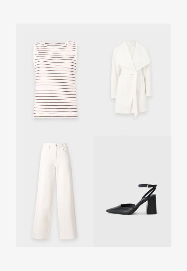 White long-sleeve wrap coat with wide collar and tie belt; made of soft fabric with a smooth texture and clean lines.; Sleeveless top featuring a white base with brown horizontal stripes, made of soft fabric, with a round neckline and fitted shape.; Wide-leg jeans made of off-white denim, featuring a front button closure, two side pockets, and clean lines without embellishments.; Black leather pointy-toe pump with an ankle strap and a chunky heel. Flat texture, sleek design, and minimalistic aesthetics.