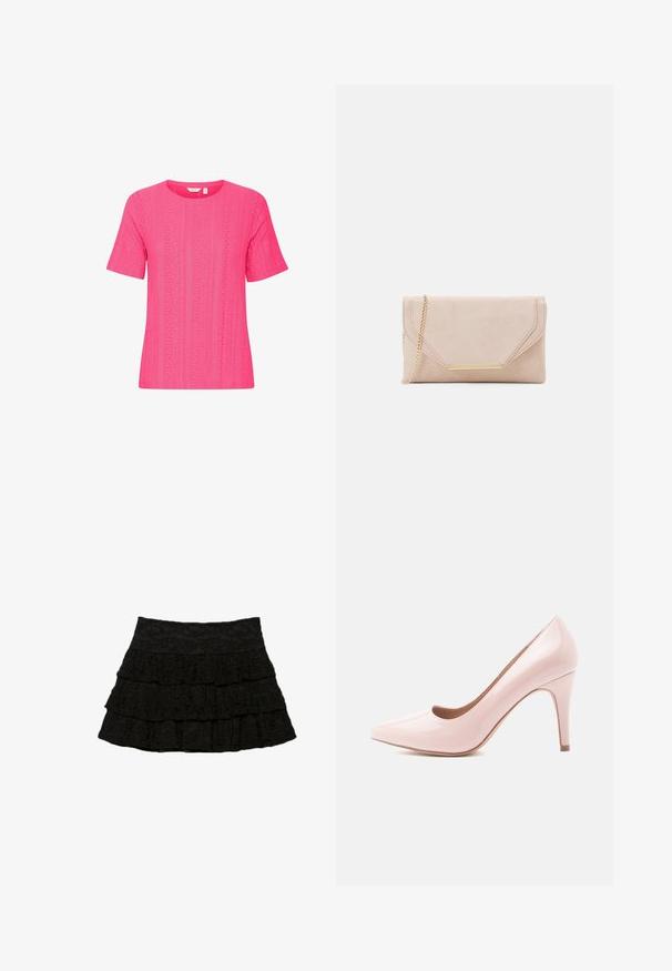 Weißer langärmeliger Wickelmantel mit breitem Kragen und Bindegürtel; aus einem weichen Stoff mit glatter Textur und klaren Linien.; Kurzärmliges, rundhalsiges pinkes Oberteil aus strukturiertem Stoff mit einem Muster aus vertikalen Streifen und Lochdetails.; Schwarzer, gestufter Rock mit drei Lagen Rüschen und einem strukturierten Blumenmuster. Elastischer Bund für Komfort und Passform.; Rosa Lackleder-Pumps mit hohen Absätzen, spitzem Zeh und schlanker Silhouette, ausgestattet mit einem 10 cm hohen Stiletto-Absatz und einer glatten Oberfläche.; Beige Wildleder-Clutch mit einer goldenen Kettenriemen und rechteckigem Hardware-Detail. Verfügt über einen umklappbaren Deckel mit schrägen Kanten und Nahtdetails.