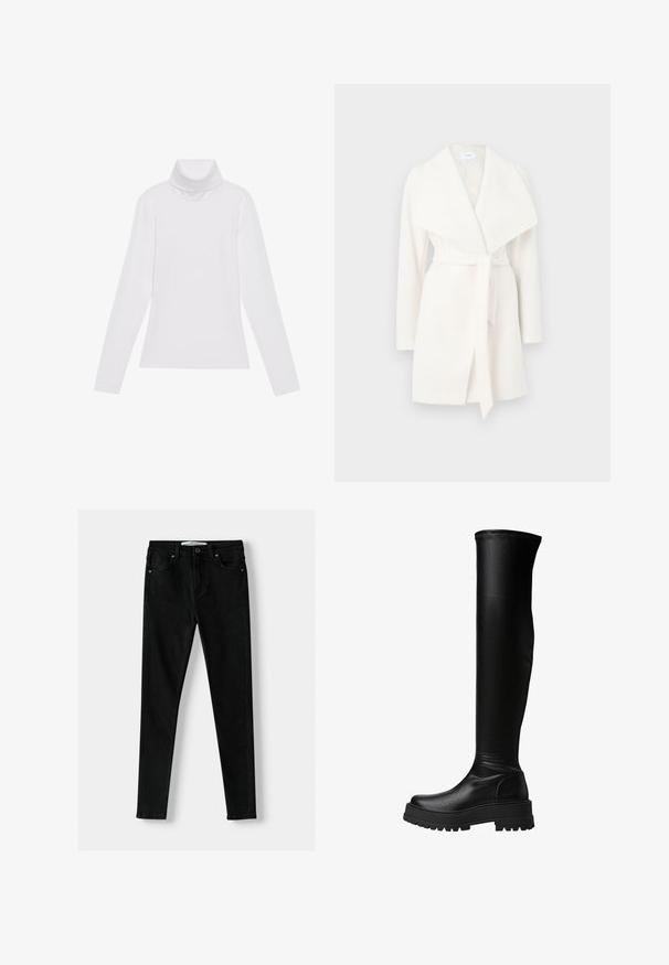 Biela dlhá zavinovacia bunda s širokým golierom a opaskom; vyrobená z mäkkej tkaniny s hladkou textúrou a čistými líniami.; Biely dlhý rukáv v štýle roláka vyrobený z hladkej, elastickej tkaniny. Má vysoký golier a priliehavý strih, bez viditeľných vzorov alebo ozdôb.; Čierne slim-fit džínsy vyrobené z denimu, s klasickým päťvreckovým dizajnom, zipsovým zapínaním a kovovým gombíkom. Hladká textúra po celom povrchu.; Čierne čižmy po kolená vyrobené z hladkej syntetickej kože, so robustnou podrážkou a bočnými panelmi, s prešívaním pozdĺž horného okraja.