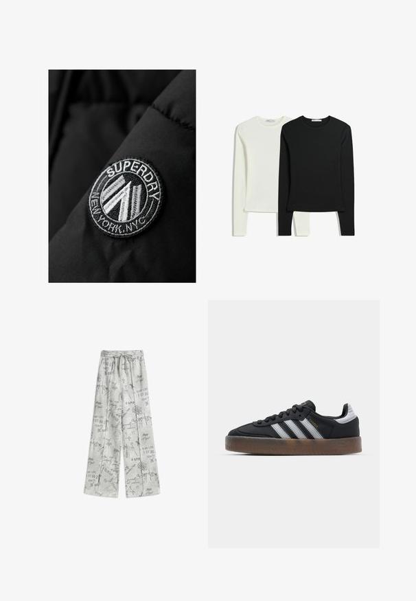 Superdry & Co CITY CHEVRON PADDED - Winter coat - black; Two long-sleeve shirts: one white and one black. Made of smooth fabric, featuring round necklines and fitted shapes with straight hemlines.; Light gray, wide-leg pants made of soft fabric, featuring scattered black text and graphic patterns throughout, with an elastic waistband and drawstring.; Black sneakers with a sleek design, featuring three white stripes, a black tongue, and a textured brown rubber sole. Accents of gold lettering.