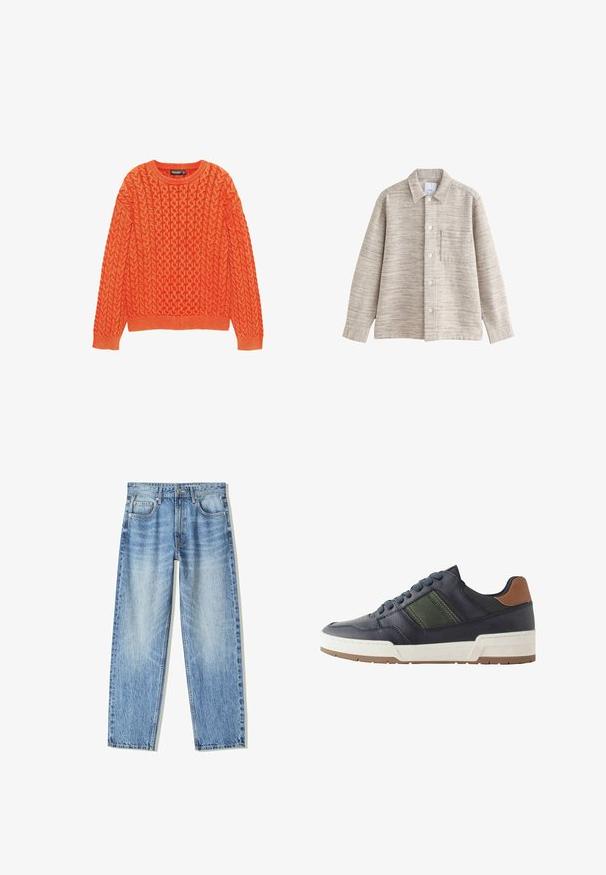 Beige Texturierte Hemdbluse mit Kragen, Frontknöpfen und Brusttasche. Der Stoff hat ein dezentes horizontales Muster.; Oranger gestrickter Pullover mit einem strukturierten Zopfmuster, runden Ausschnitt und gerippten Bündchen und Saum. Hergestellt aus weichem, warmem Stoff.; Helle blaue Denim-Jeans mit lockerem Schnitt, geradem Bein-Design, fünf Taschen und verblasster Textur. Enthält einen Frontknopf- und Reißverschluss.; Marineblaue Ledersneaker mit grünem Akzentstreifen, weißer Zwischensohle und braunem Fersenpatch. Verfügt über eine abgerundete Zehenpartie und eine strukturierte Gummisohle.