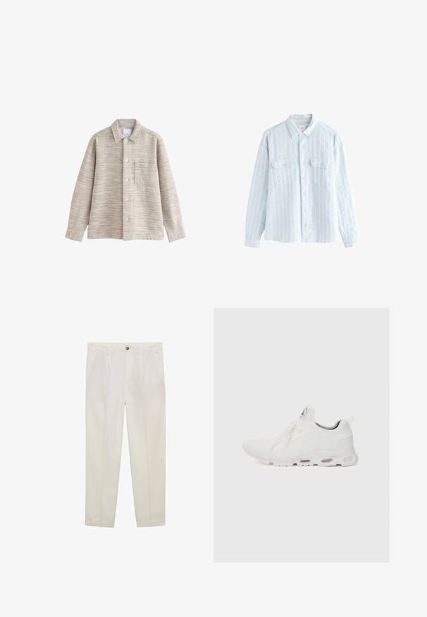 Beige texturerad skjortjacka med krage, framknäppning och bröstficka. Tyget har ett subtilt horisontellt mönster.; Ljusblå, långärmad skjorta med knappar och vertikala vita ränder, två framfickor och klassisk krage i texturerat tyg.; Mango Chinos - off-white; Vitaidande sportskor i vitt med en texturerad stickad ovandel, platta snören och en vadderad sula med synliga luftkammare för extra stöd.