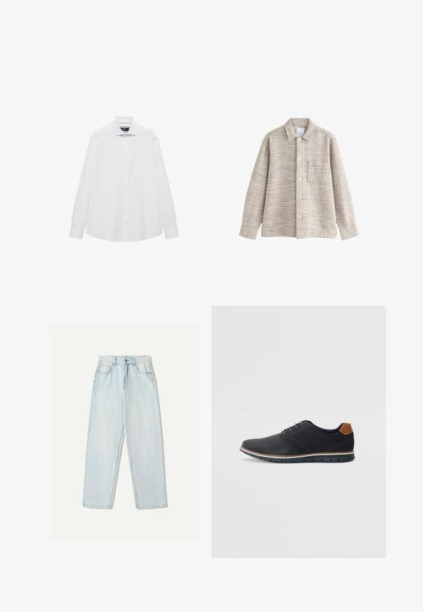 Beige Texturierte Hemdbluse mit Kragen, Frontknöpfen und Brusttasche. Der Stoff hat ein dezentes horizontales Muster.; Weißes Langarmhemd mit spitzem Kragen, Knopfleiste vorne und einer glatten Textur. Keine Muster oder Verzierungen.; Helle blaue Denim-Jeans mit lässiger Passform, geradem Beindesign, Fünf-Taschen-Stil und dezentem Verblassen des Stoffes.; Schwarze synthetische Schuhe mit einer strukturierten Oberseite, glatten Akzenten, braunem Absatz und einer kontrastierenden Sohle. Verfügt über minimale Schnürung und Nähdetails.