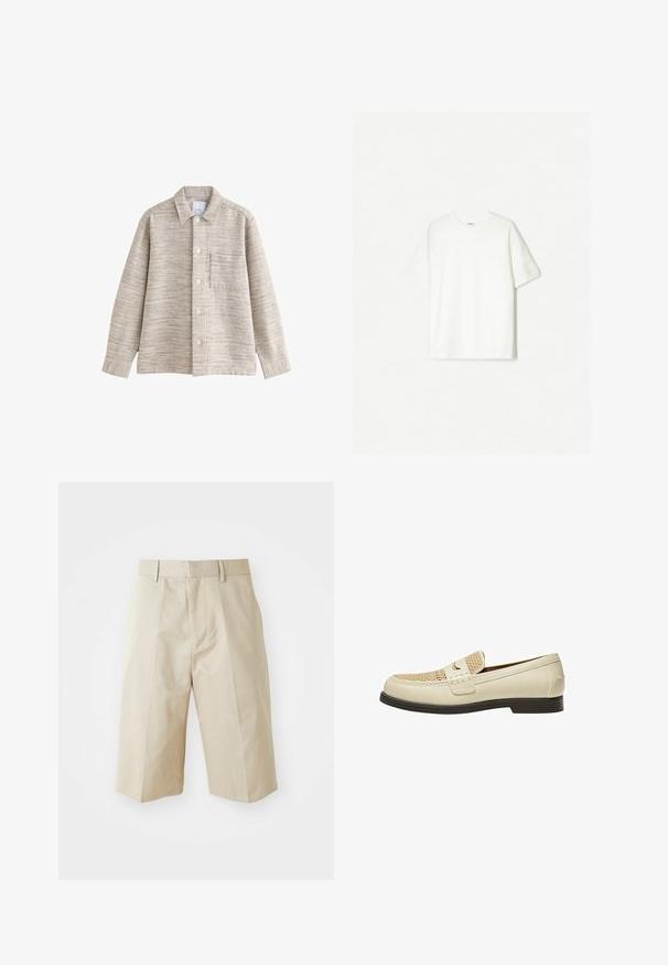 Beige gestructureerde shirtjas met een kraag, knopen aan de voorkant en een borstzak. De stof heeft een subtiel horizontaal patroon.; Witte kortengemouwen t-shirt van zacht katoen. Ronde halsontwerp met een ontspannen pasvorm en geen zichtbare logo's of patronen.; Beige op maat gemaakte shorts met een rechte snit, voorzien van riemlussen, geplooide voorkant en een gladde katoenstructuur. Geen zakken of extra details.; Beige leren instappers met een geweven detail op de neus en een vlakke bruine zool. Voorzien van een decoratieve riem aan de voorkant.
