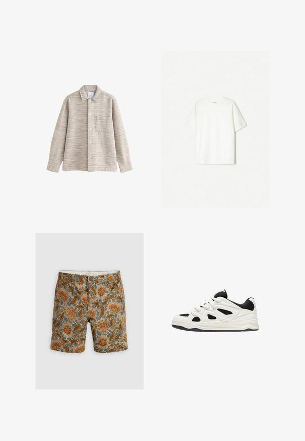 Beige struktureret skjortejakke med krave, frontknapper og en brystlomme. Stoffet har et diskret horisontalt mønster.; Hvid kortærmet t-shirt lavet af blød bomuld. Rund hals design med en afslappet pasform og ingen synlige logoer eller mønstre.; Mønstrede shorts med en blå baggrund og blomsterdesign i brune, orange og cremefarvede nuancer. Fremstillet af bomuld med knaplukning.; Hvide og sorte atletik sko med en tekstureret sål, der har udskårede designs på siderne og snørebånd, samt en polstret hæl for støtte.