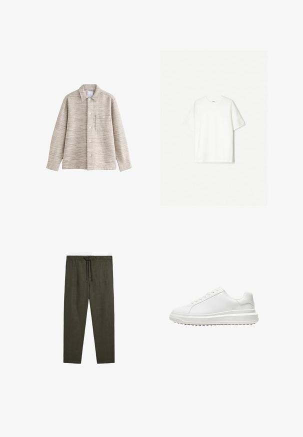 Beige Texturierte Hemdbluse mit Kragen, Frontknöpfen und Brusttasche. Der Stoff hat ein dezentes horizontales Muster.; Weißes T-Shirt mit kurzen Ärmeln aus weicher Baumwolle. Crew-Hals Design mit lässiger Passform und ohne sichtbare Logos oder Muster.; Massimo Dutti JOGGER FIT - Stoffhose - dark green; Weißer Sneaker mit einem glatten synthetischen Obermaterial, runder Spitze, flachen Schnürsenkeln, strukturiertem Sohlen und einem geschichteten, Plattform-Design für zusätzlichen Halt.