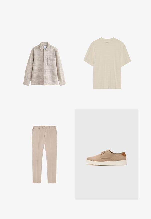 Beige gestructureerde shirtjas met een kraag, knopen aan de voorkant en een borstzak. De stof heeft een subtiel horizontaal patroon.; Crème-kleurig t-shirt met korte mouwen, voorzien van een subtiele gestreepte textuur en een ronde halslijn, gemaakt van lichte stof.; Beige katoenen broek met een recht model, voorzien van een knoopsluiting, riemlussen en schuine steekzakken aan de voorkant. Met een gladde textuur, zonder patronen.; Beige suède sneakers met een ronde neus, vetersluiting aan de voorkant en een getextureerde achteraccent. De witte rubberen zool zorgt voor contrast. Eenvoudig en modern ontwerp.