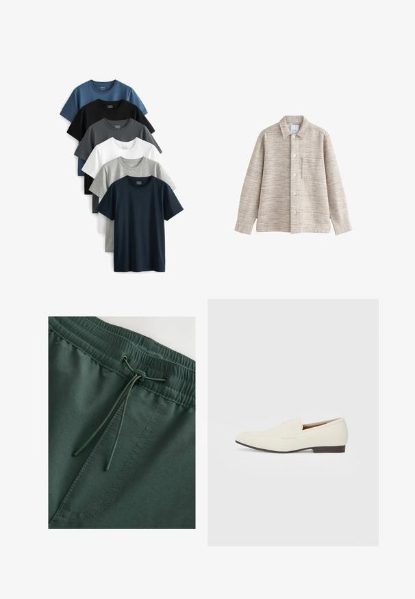Beige textúrájú ingdzseki, gallérral, elülső gombokkal és mellzsebbel. Az anyag finom vízszintes mintával rendelkezik.; Hat rövid ujjú pólók egy halomban kiállítva. A színek közé tartozik a tengerészkék, fekete, zöld, fehér, világosszürke és sötétszürke. Pamut anyag.; Sötétzöld, rugalmas derékpánttal ellátott sportnadrág, zsinórral, sima felülettel és látható varrási részletekkel. Egyszerű, funkcionális dizájn.; Világos bézs loaferek hegyes orral, sima anyagból, a lábfejen lévő pánttal és alacsony barna talppal. Egyszerű dizájn, minimális díszítéssel.