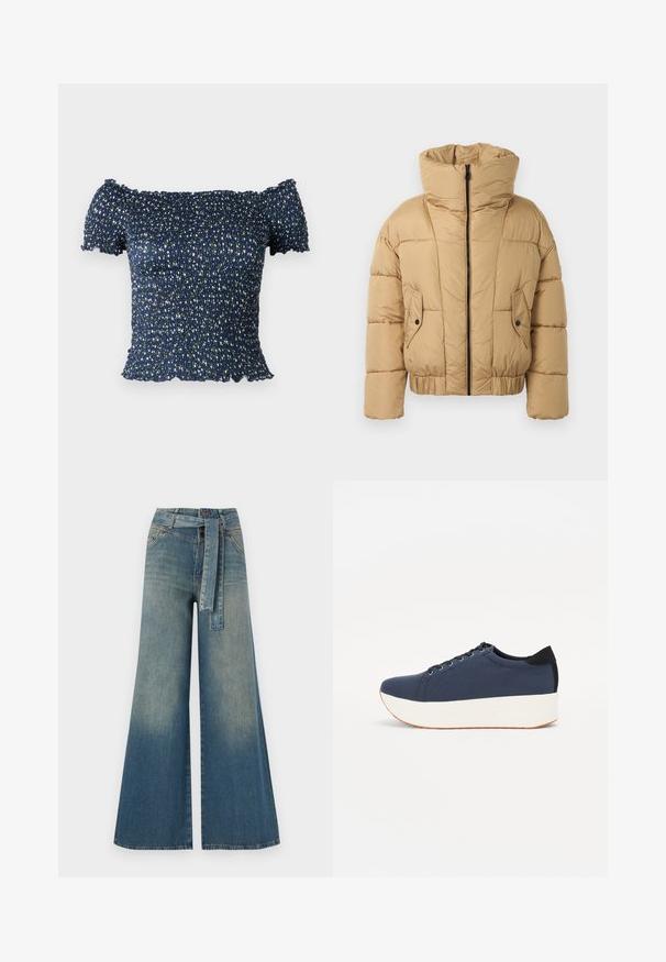 Rövid, bézs színű puffernadrág magas gallérral, cipzáras elülső résszel és két elülső zsebbel. Steppelt anyagból készült, az alján elasztikus szegéllyel.; Tengerészeti kék, váll nélküli felső, smockolt anyagból készült, apró fehér és zöld virágmintával. Puha tapintású, rövid ujjú.; Bőszárú farmernadrág, világos és sötétkék árnyalatokkal, magas derekú, övgyűrűkkel és a nadrággal megegyező anyagú övvel. Textúrált farmer kivitel.; Sötétkék sportcipő, texturált szövet felsőrész, fehér platform talp, lekerekített orr és fekete sarok akcentussal. Hat fűzőlyuk található rajta.