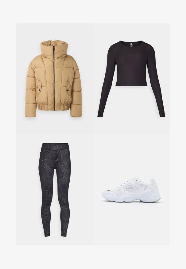 Rövid, bézs színű puffernadrág magas gallérral, cipzáras elülső résszel és két elülső zsebbel. Steppelt anyagból készült, az alján elasztikus szegéllyel.; Fekete, hosszú ujjú, crop fazonú felső bordázott anyagból. Kerek nyakkivágással és testhezálló sziluettel rendelkezik, textúrázott felülettel.; Fekete leggings diszkrét dombornyomott mintával sötétszürke vonalakkal, magas derékkal és testhezálló kialakítással, amely alkalmas aktív viseletre.; Fehér sportcipő strukturált hálós felső résszel, párnázott bokarésszel és masszív talppal. Oldalán logóval és fűzős záródással rendelkezik.
