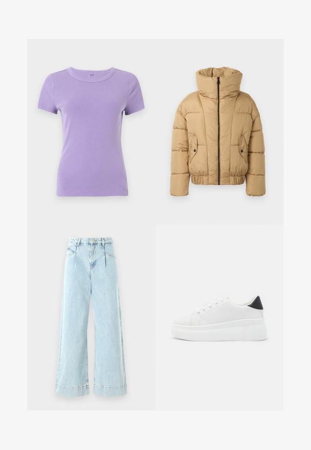 Kort, beige boblejakke med høy krage, glidelås foran og to frontlommer. Laget av quiltet materiale med elastikk i kanten.; Lavendel kortermet T-skjorte med ribbet tekstur og rund halslinning. Har en subtil logo på krageområdet.; Lyseblå vide jeans laget av denim, med høy midje, frontlommer og sømmer i kanten.; Hvite plattform sneakers laget av glatt syntetisk materiale, med rund tå, snøring og en strukturert gummisåle. Svart hæl akcent.