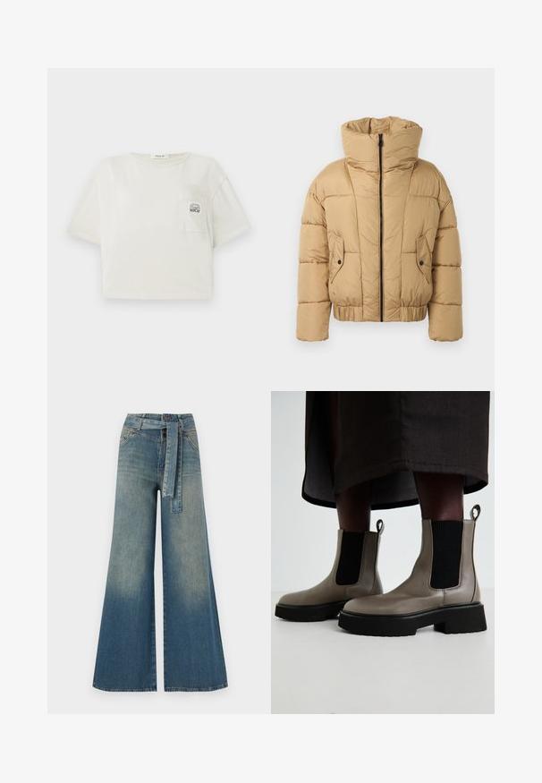 Lühike beez puffer-jakk kõrge kraega, lukuga ees ja kahe esipocketiga. Valmistatud tepitud materjalist, mille allservas on elastne osa.; Lühikesed varrukad, lühikeseks lõigatud T-särk heledast puuvillast. Ees on tasku, millel on trükitud logo, ning ümmargune kaelus. Sile tekstuur.; Laiad denimpüksid, millel on hele tume sinine gradiendiefekt, kõrge vöökoht, vöökumlid ja sobivast kangast vöö. Struktureeritud denimi viimistlus.; Hallide hallukad, mis on valmistatud tekstuursest nahast, millel on elastsed külgpaneelid ja massiivne must tald. Omab tõmblukke mugavaks selga panemiseks.