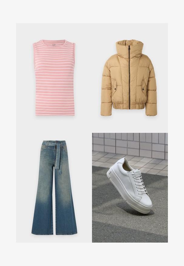 Kort, beige boblejakke med høy krage, glidelås foran og to frontlommer. Laget av quiltet materiale med elastikk i kanten.; Ermeløs rosa topp med horisontale hvite striper, rund halslinje og mykt bomullsmateriale. Enkelt design, uten ekstra detaljer.; Bredde ben jeans med en lyseblå til mørkeblå gradient, høyt liv, beltehemper og et matchende belte i samme stoff. Teksturert denimoverflate.; Hvite lær sneakers med lav toppdesign, flate lisser, avrundet tå og teksturerte sider. Tykk gummisåle med subtile detaljer.