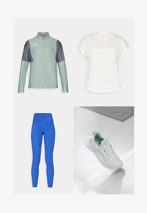 Light green zip-up jacket with dark gray sleeves, smooth texture, and side pockets. Features Under Armour logo on the chest.; White short-sleeve t-shirt featuring a textured floral pattern, round neckline, and relaxed fit. Made from soft, lightweight fabric.; High-waisted blue leggings made of stretchy fabric, featuring a smooth texture and streamlined design, suitable for athletic wear.; Light gray athletic shoe with a textured knit upper, mint green accents, white laces, rubber sole, and pull tab at the heel.