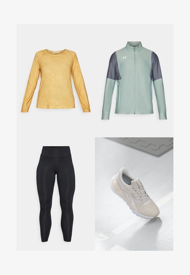 Világoszöld zipzáras dzseki sötétszürke ujjakra, sima textúrával és oldalsó zsebekkel. Az elülső részen az Under Armour logó található.; Yogasearcher BIONIKARA - Hosszú ujjú felső - curry; Fekete, magas derekú, teljes hosszúságú leggings sima anyagból, látható varrás részletekkel az elején és a derékrészen.; Világos bézs színű sportcipő perforált felsőrésszel, texturált díszítéssel, párnázott nyakkal és fehér gumitalppal, amely a kényelem és a légáteresztő képesség érdekében készült.