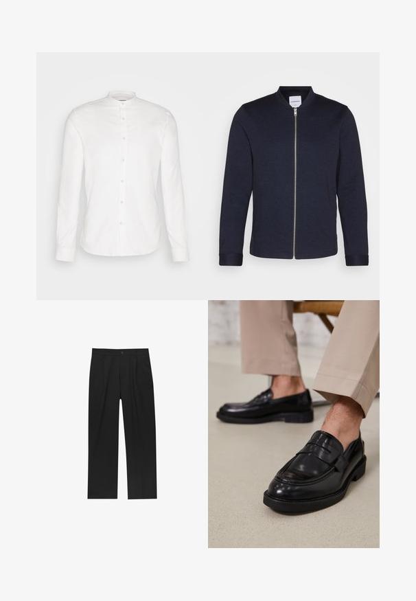 Sötét tengerészkék bomber dzseki elülső cipzárral, kerek nyakkal és mandzsettás ujjal. Simább szövetből készült, minimalista designnal.; Fehér, hosszú ujjú ing mandarin gallérral és elülső gombolással. Pamutból készült, sima tapintású és gombos záródású.; Fekete nadrág egyenes szárú kialakítással, sima anyagból készült. Elöl redők és egy gombos záródás található a derékon.; Fekete bőr loaferek sima felülettel, díszítő pánttal és kontrasztos varrással, bézs nadrággal párosítva.
