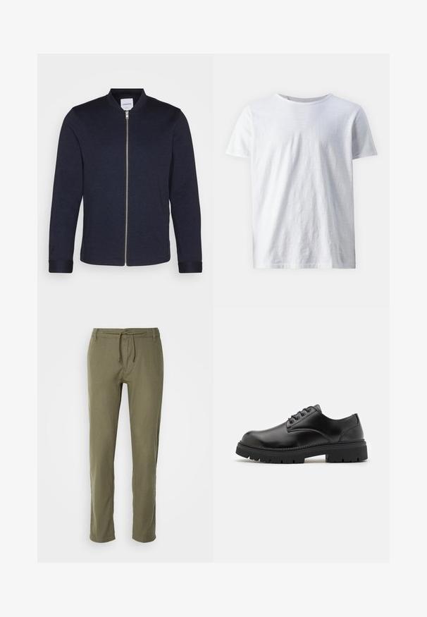 Tamno plavi bomber jakna s prednjim zatvaračem, okruglim izrezom i rukavima sa manžetama. Izrađena od glatkog materijala s minimalističkim dizajnom.; Bijela majica s kratkim rukavima izrađena od laganog materijala. Okrugli izrez s glatkom teksturom i bez vidljivih uzoraka ili detalja.; Maslinasto zelene, lagane hlače ravnog kroja, s podesivim strukom na vezanje i suptilnom teksturom tkanine. Nema vidljivih džepova.; Crne kožne cipele s okruglim vrhom, dizajn s vezicama i debelim, teksturiranim gumenim potplatom. Imaju šavove uz rub i glatku završnu obradu.