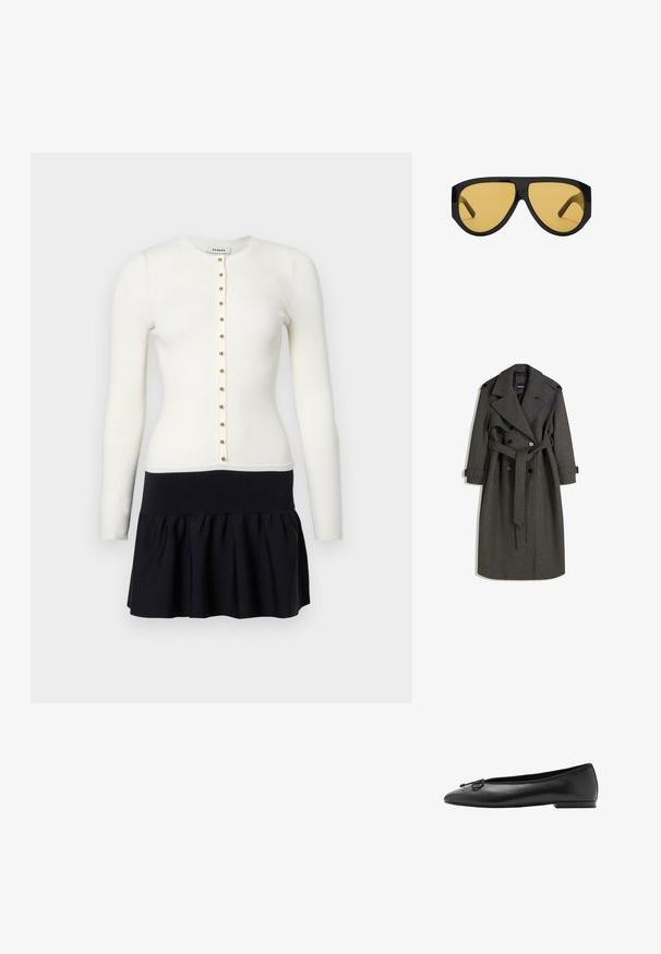 Grijze wollen trenchcoat met een dubbelzijdig ontwerp, brede revers en een bijpassende riem. Voorzien van zwarte knopen en verstelbare manchetten.; Geribde witte cardigan met lange mouwen en gouden knopen, gecombineerd met een zwarte uitlopende rok met een aansluitende tailleband.; Zwarte leren ballerina's met een ronde neus, slanke silhoeët en een decoratieve strik aan de voorkant. Lage, rechthoekige hak.; Zonnebril met een strakke zwarte kunststof frame en gele getinte glazen, met een opvallende hoekige vorm en brede pootjes voor extra bescherming.
