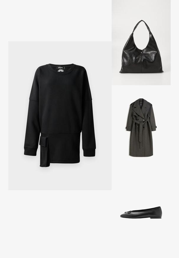 Sivý vlnený trenčkot s dvojradovým zapínaním, širokými klopami a zhodným opaskom. Obsahuje čierne gombíky a nastaviteľné manžetové pásky.; Čierna mikina vyrobená z príjemného, hladkého materiálu. Má okrúhly výstrih, dlhé rukávy a detail na boku s embosovaným logom.; Čierne kožené baletky s okrúhlym prstom, štíhlym siluetom a dekoratívnou mašľou na prednej strane. Nízky, obdĺžnikový opätok.; Čierna kožená hobo taška s hladkým, lesklým povrchom, vybavená širokým, zakriveným uchom a jemným predným záhybom so strieborným zacvakávaním.