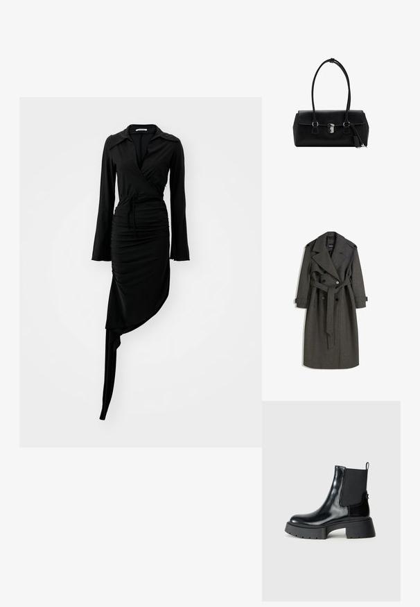 Sivý vlnený trenčkot s dvojradovým zapínaním, širokými klopami a zhodným opaskom. Obsahuje čierne gombíky a nastaviteľné manžetové pásky.; Čierne dlhé rukávy šaty s prekrývajúcim dizajnom, zhustnutou textúrou a asymetrickým lemom. Obsahuje golier a detail viazanej pása. Hladká tkanina.; Čierne členkové topánky vyrobené z lesklej kože s elastickými bočnými panelmi, ťahacím pásikom a robustnou gumovou podrážkou s textúrovaným vzorom.; Čierna kožená kabelka s hladkou textúrou, štruktúrovaným dizajnom, dvojitými uchami a strieborným detailom na zapínaní v strede.