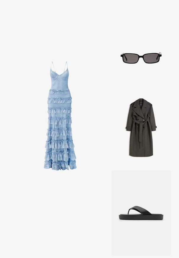 Grijze wollen trenchcoat met een dubbelzijdig ontwerp, brede revers en een bijpassende riem. Voorzien van zwarte knopen en verstelbare manchetten.; Lichtblauwe maxi-jurk met een getailleerde top, dunne bandjes en vallende ruffles aan de rok, met gestructureerde, golvende patronen.; Zwarte flip-flop sandalen met een soepele bovenband en een gestructureerde platformzool. Minimalistisch ontwerp met een laag profiel.; Zwarte rechthoekige zonnebril met grijze lenzen, kunststof montuur en metalen accenten op de pootjes. Soepele textuur en minimalistisch ontwerp.