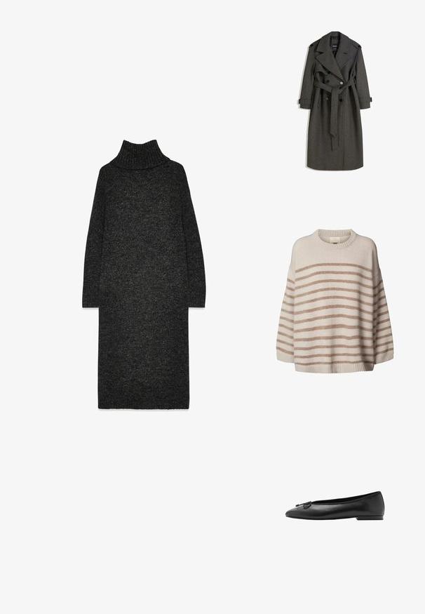Harmaa villatrenssitakki, jossa on kaksirivinen malli, leveät kaulukset ja yhteensopiva vyö. Takkissa on mustat napit ja säädettävät hihansuut.; Vaaleanbeige neulepaita, jossa on leveät vaakasuorat ruskeat raidat. Ominaisuuksiin kuuluu pyöreä kaula-aukko ja alaspäin lasketut olkapäät. Pehmeä tekstuuri ja ribbireunus.; Tummanharmaa neule-tyylinen poolomekko, jossa on rento mitoitus, pitkät hihat ja teksturoitu pinta. Sisältää ribbineuletun kauluksen ja helman.; Mustat nahka ballerinat, joissa on pyöreä kärki, hoikka siluetti ja koristeellinen nauha edessä. Matala, suorakulmainen korko.; Mustapohjainen nahkalaukku, jossa on sileä ja kiiltävä pinta, leveä ja kaareva kantokahva sekä hillitty etupuolen poimutus metallinapituksella.
