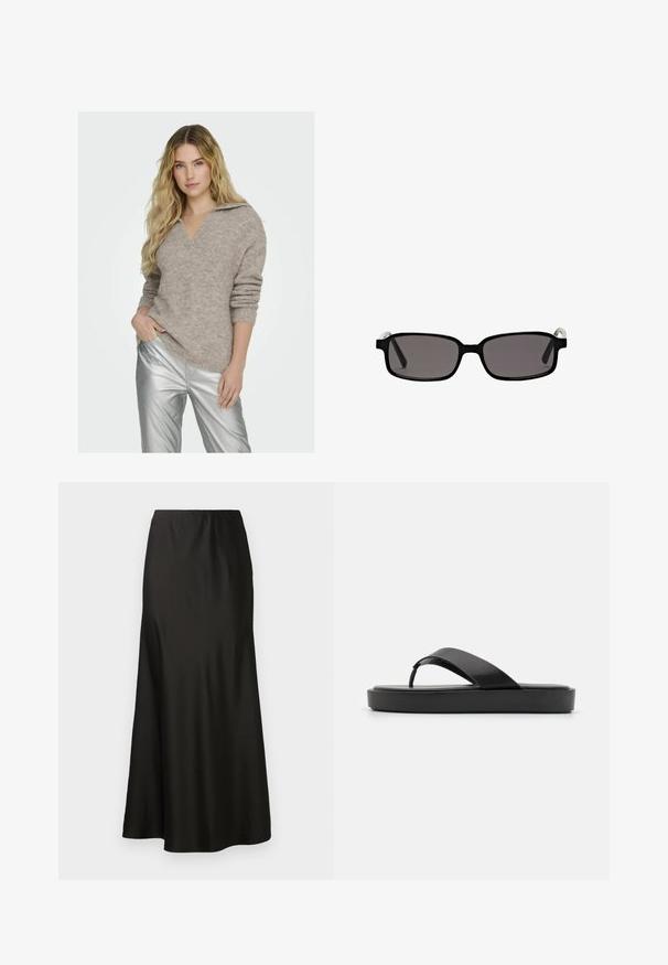 Cappotto lungo grigio in lana con design doppiopetto, ampi rever e cintura abbinata. Presenta bottoni neri e cinturini dei polsini regolabili.; Maglione a collo a V color beige chiaro con maniche arrotolate, realizzato in un materiale a maglia testurizzata. Abbinato a pantaloni argento lucidi.; Gonna maxi in satin nero con texture liscia, vita alta e fondo svasato. Caratterizzata da un design semplice senza motivi visibili o accessori.; Infradito neri con una fascia superiore liscia e una suola piatta strutturata. Design minimalista con una silhouette a profilo basso.; Occhiali da sole neri rettangolari con lenti grigie, montatura in plastica e accentuazioni metalliche sulle tempie. Texture liscia e design minimalista.