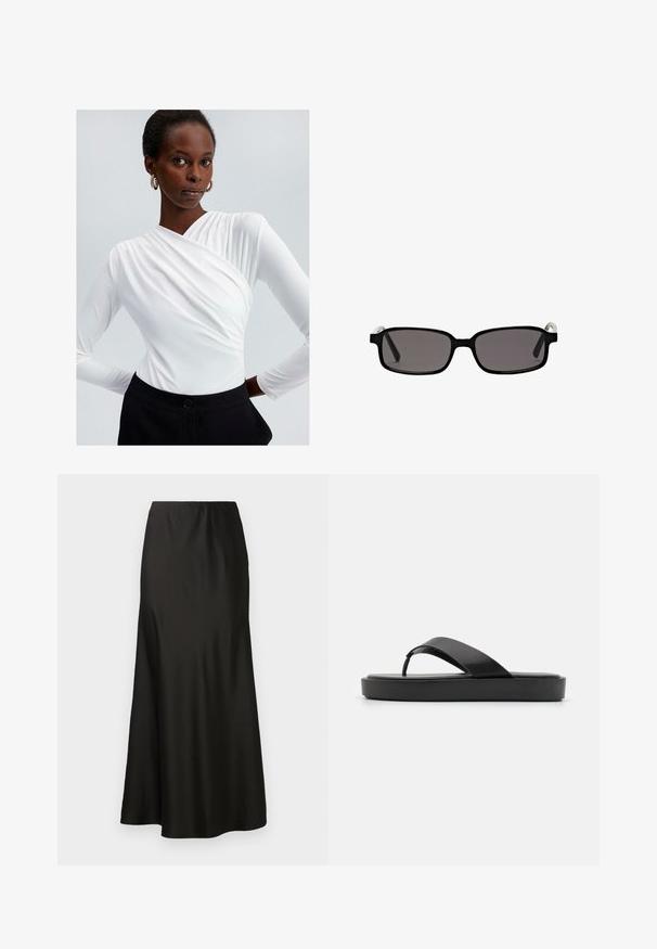 Gray wool trench coat with a double-breasted design, wide lapels, and a matching belt. Features black buttons and adjustable cuff straps.; White long-sleeve top with a wrap design and gathered detail at the shoulder, paired with high-waisted black trousers featuring a button closure.; Dark gray short-sleeve sweater made from a soft, textured knit. Features a crew neck and a slightly relaxed fit. Simple, clean design.; Black satin maxi skirt with a smooth texture, high waist, and flared bottom. Features a simple design with no visible patterns or hardware.; Black flip-flop sandals with a smooth upper strap and a textured platform sole. Minimalist design with a low-profile silhouette.; Black rectangular sunglasses with gray lenses, plastic frame, and metallic accents on the temples. Smooth texture and minimalist design.