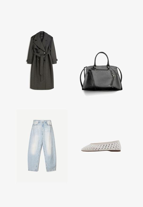 Sivý vlnený trenčkot s dvojradovým zapínaním, širokými klopami a zhodným opaskom. Obsahuje čierne gombíky a nastaviteľné manžetové pásky.; Béžová polokošeľa s krátkym rukávom z pleteniny s bielymi a svetlomodrými kosoštvorcovými vzormi na prednej strane a dvoma gombíkmi pri golieri.; Svetlomodré džíny s voľným strihom, so zovretým vzhľadom, dvomi prednými vreckami a gombíkovým zapínaním na páse.; Baleríny v krémovej tkanine s striebornými flitrami usporiadanými do bodkovaného vzoru, zaoblená špička a nízka hnedá podrážka. Textúrovaný zvršok pre ďalší detail.; Čierna kabelka z umelej kože s dvojitými uchami, odnímateľným popruhom, šikmými zipsami a striebornými kovovými prvkami. Textúrovaný povrch so švovými detailmi.