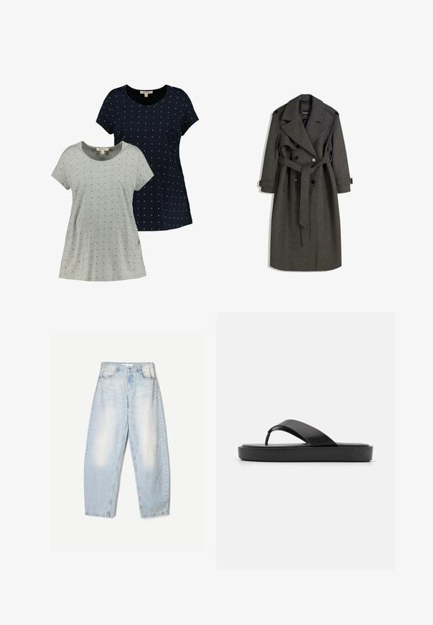 Grå uld trenchcoat med en dobbeltbrystet design, brede klapkraver og et matchende bælte. Har sorte knapper og justerbare манchetter.; To korte ærmel skjorter, en grå og en marineblå, begge har små hvide prikkemønstre, lavet af blødt bomuldsstof med rund halsudskæring.; Lyseblå denimbukser med en loose fit, der har en falmet finish, to forlommer og en knaplukning i taljen.; Sorte klip-klap sandals med en glat overdel og en tekstureret sål. Minimalistisk design med en lavprofil silhuet.