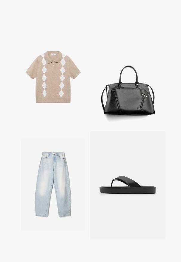 Cappotto lungo grigio in lana con design doppiopetto, ampi rever e cintura abbinata. Presenta bottoni neri e cinturini dei polsini regolabili.; Polo a maniche corte in maglia beige con motivi a rombi argyle bianchi e azzurri chiari sul davanti e due bottoni al collo.; Jeans in denim azzurro chiaro con una vestibilità ampia, caratterizzati da una finitura sbiadita, due tasche frontali e una chiusura con bottone in vita.; Infradito neri con una fascia superiore liscia e una suola piatta strutturata. Design minimalista con una silhouette a profilo basso.; Borsa a tracolla in ecopelle nera con manici doppi, una tracolla removibile, cerniere angolate e hardware argentato. Finissaggio texturizzato con dettagli cuciti.