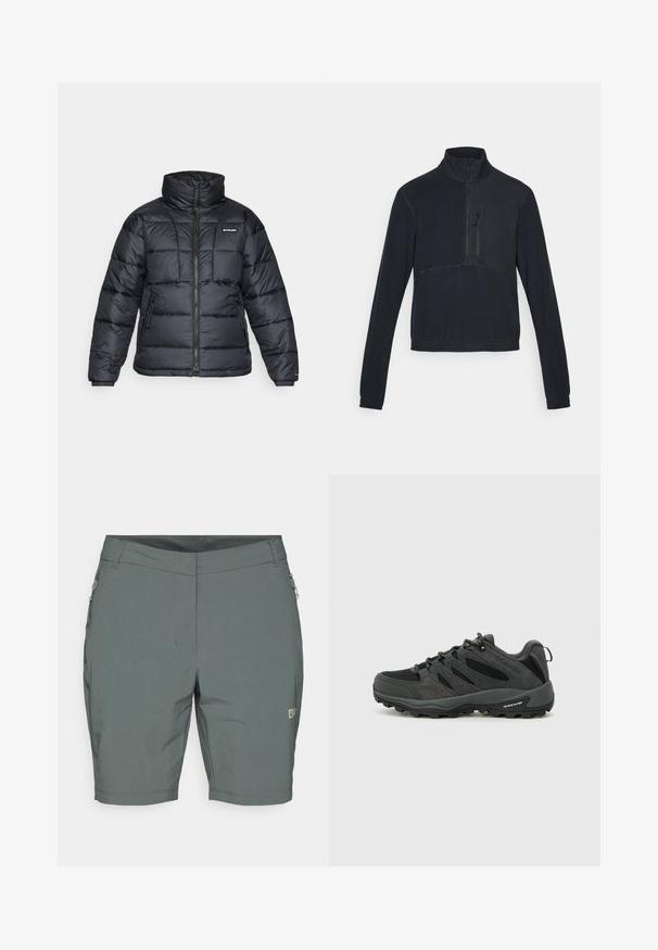 Giubbotto trapuntato nero con collo alto, motivo a cucitura e chiusura con zip. Presenta due tasche laterali e polsini elasticizzati.; Pullover in pile nero con colletto a zip, maniche lunghe e tasca sul petto. Presenta cuciture a contrasto e un design aderente.; Pantaloni cargo grigi realizzati in materiale leggero, con una vestibilità regolare, tasche laterali e un logo discreto sulla parte anteriore.; Columbia REDMOND - Scarpa da hiking - black/citron haze
