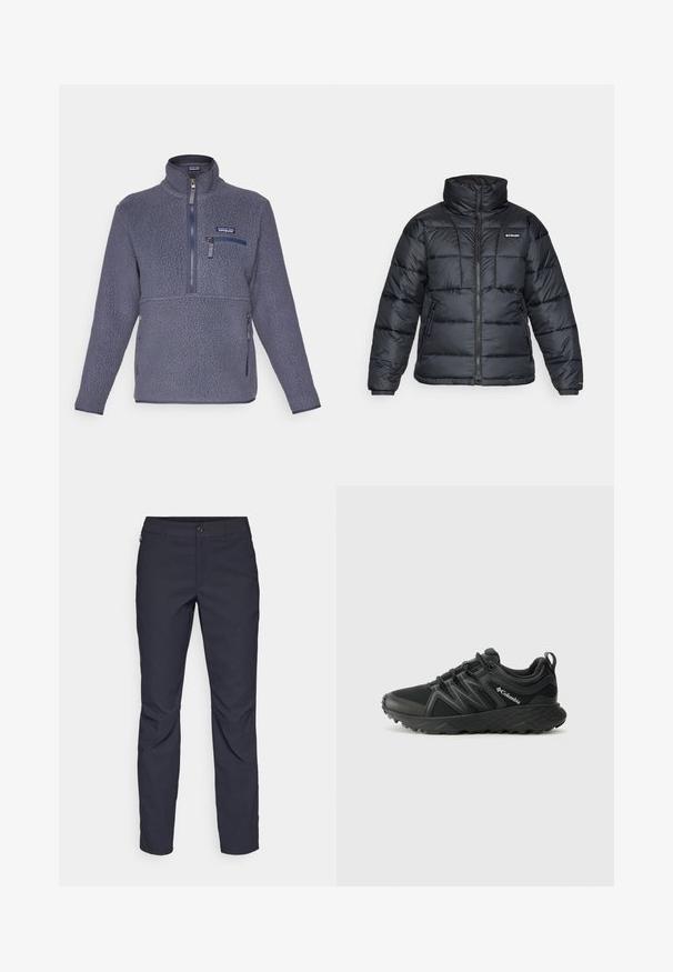 Črna pihasta jakna z visokim ovratnikom, prešitimi vzorci in zadrgo spredaj. Ima dve stranski žepki in elastične manšete.; Flis pulover v temno sivi barvi z visokim ovratnikom, sprednjim polovičnim zadrgo in stranskimi žepi. Ima teksturirano blago in izvezen logo.; Mornarji modri hlače iz gladkega blaga, z zapiranjem na gumb spredaj, tesno prilegnjenim krojem in gubami na kolenih.; Columbia PEAKFREAK - Pohodniški čevlji - black