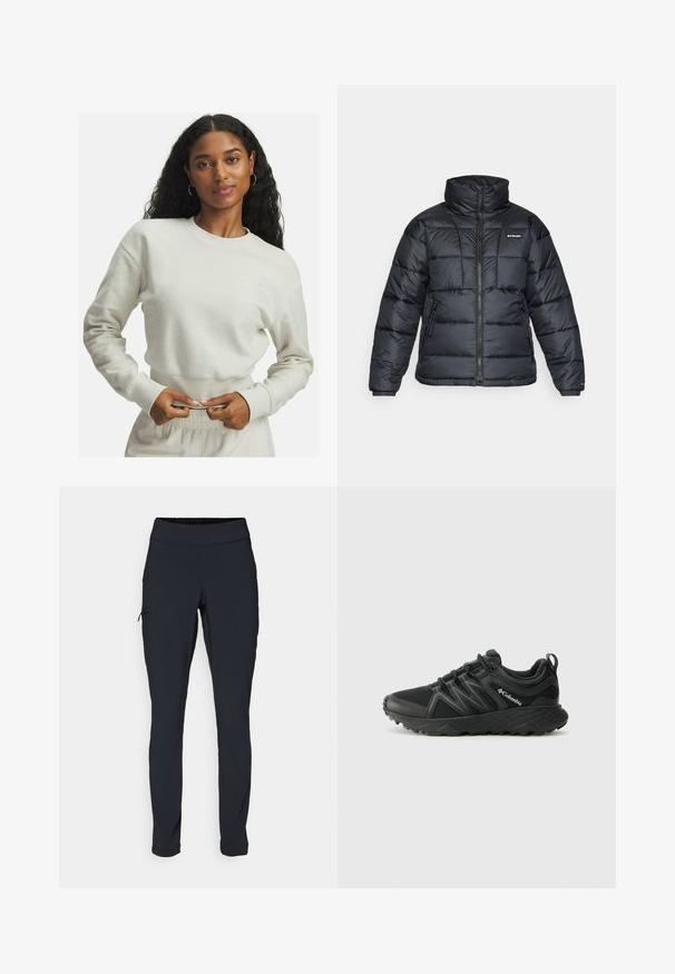 Giubbotto trapuntato nero con collo alto, motivo a cucitura e chiusura con zip. Presenta due tasche laterali e polsini elasticizzati.; Felpa dalle tonalità crema, con texture, maniche e cintura a costine, dotata di un piccolo dettaglio ricamato sul petto. Vestibilità casual e rilassata.; Pantaloni sportivi neri con vestibilità aderente, vita elastica e una tasca laterale con zip. Tessuto liscio e elasticizzato con cuciture minime.; Columbia PEAKFREAK - Scarpa da hiking - black