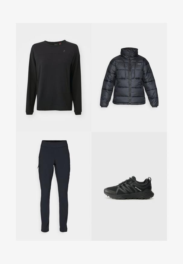Crna puffa jakna s visokim ovratnikom, kvadratnim uzorkom i zatvaračem sprijeda. Ima dva bočna džepa i elastične manžete.; Crna majica dugih rukava s teksturiranim materijalom, okruglim izrezom i suptilnim logom na prsima. Ima opuštenu siluetu i šivane detalje.; Crne atletske hlače Slim fit kroja, s elastičnom sredinom i bočnim džepom sa zatvaračem. Glatka, rastezljiva tkanina s minimalnim šavovima.; Columbia PEAKFREAK - Obuća za pješačenje - black