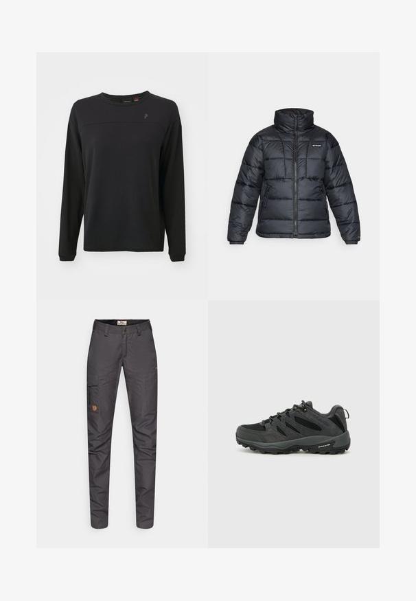 Sort pufferjakke med høj krave, quiltet mønster og lynlåsfront. Har to sidelommer og elastiske manchetter.; Sort langærmet skjorte med tekstureret stof, rund hals og et subtilt logo på brystet. Har en afslappet pasform og syet detaljer.; Grå, letvægts cargobukser med et tætsiddende design, der har en sidelomme, forstærkede knæ og en læder-logo-patch.; Columbia REDMOND - Hikingsko - black/citron haze