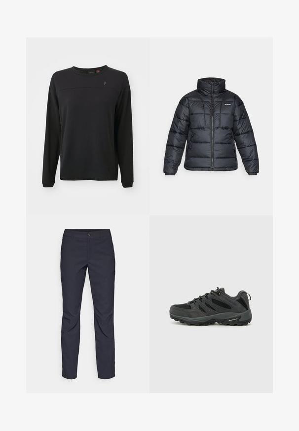 Zwarte pufferjack met hoge kraag, gestikt patroon en rits aan de voorkant. Beschikt over twee zijzakken en elastische manchetten.; Zwarte lange mouwen shirt van textuurstof, ronde hals en een subtiel logo op de borst. Heeft een relaxte pasvorm en gestikte details.; Navyblauwe broek van gladde stof, met een sluiting aan de voorkant met een knoop, slim-fit ontwerp en geplooide details bij de knieën.; Columbia REDMOND - Outdoorschoenen - black/citron haze