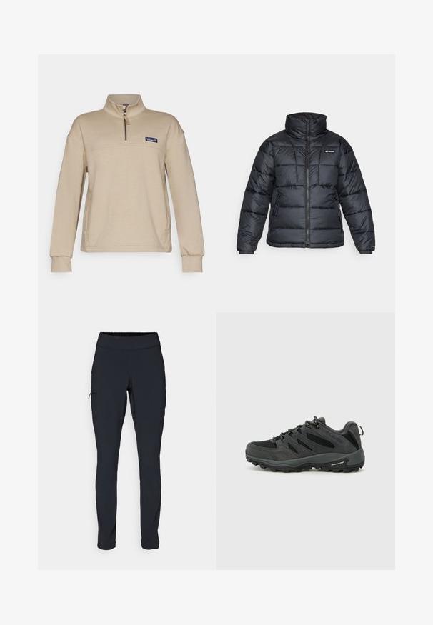 Casaco puffer preto com gola alta, padrão acolchoado e fecho éclair à frente. Apresenta dois bolsos laterais e punhos elásticos.; Pulôver de fleece bege com meio fecho, gola alta e mangas longas. Apresenta um pequeno logotipo em patch no lado esquerdo do peito. Textura macia.; Calças de atletismo pretas com um corte ajustado, cintura elástica e um bolso lateral com fecho. Tecido suave e elástico com costuras mínimas.; Columbia REDMOND - Sapatos de caminhada - black/citron haze