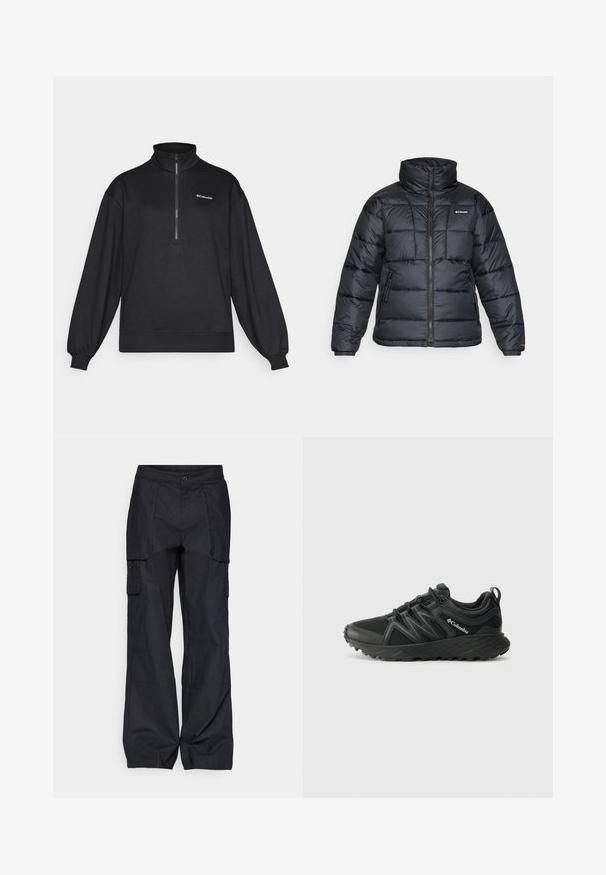 Czarna puchowa kurtka z wysokim kołnierzem, pikowanym wzorem i zamek błyskawiczny z przodu. Posiada dwie boczne kieszenie i elastyczne mankiety.; Czarny polarowy pulower, pół zamek, długie rękawy, luźny krój, ściągacze przy rękawach i u dołu, z logo w białym kolorze na górnej lewej części.; Columbia - Długie spodnie trekkingowe; Columbia PEAKFREAK czarny
