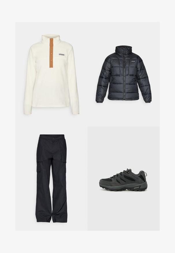 Schwarze Pufferjacke mit hohem Kragen, gestepptem Muster und Reißverschluss vorne. Hat zwei Seitentaschen und elastische Ärmelabschlüsse.; Cremefarbener Fleece-Pullover mit hohem Kragen, ausgestattet mit einer braunen Knopfleiste und einem Logo-Patch. Das schlichte Design betont Komfort und Wärme.; Columbia BREA FALLS™ COTTON RIPSTOP PANT - Outdoor-Hose - black; Columbia REDMOND - Hikingschuh - black/citron haze